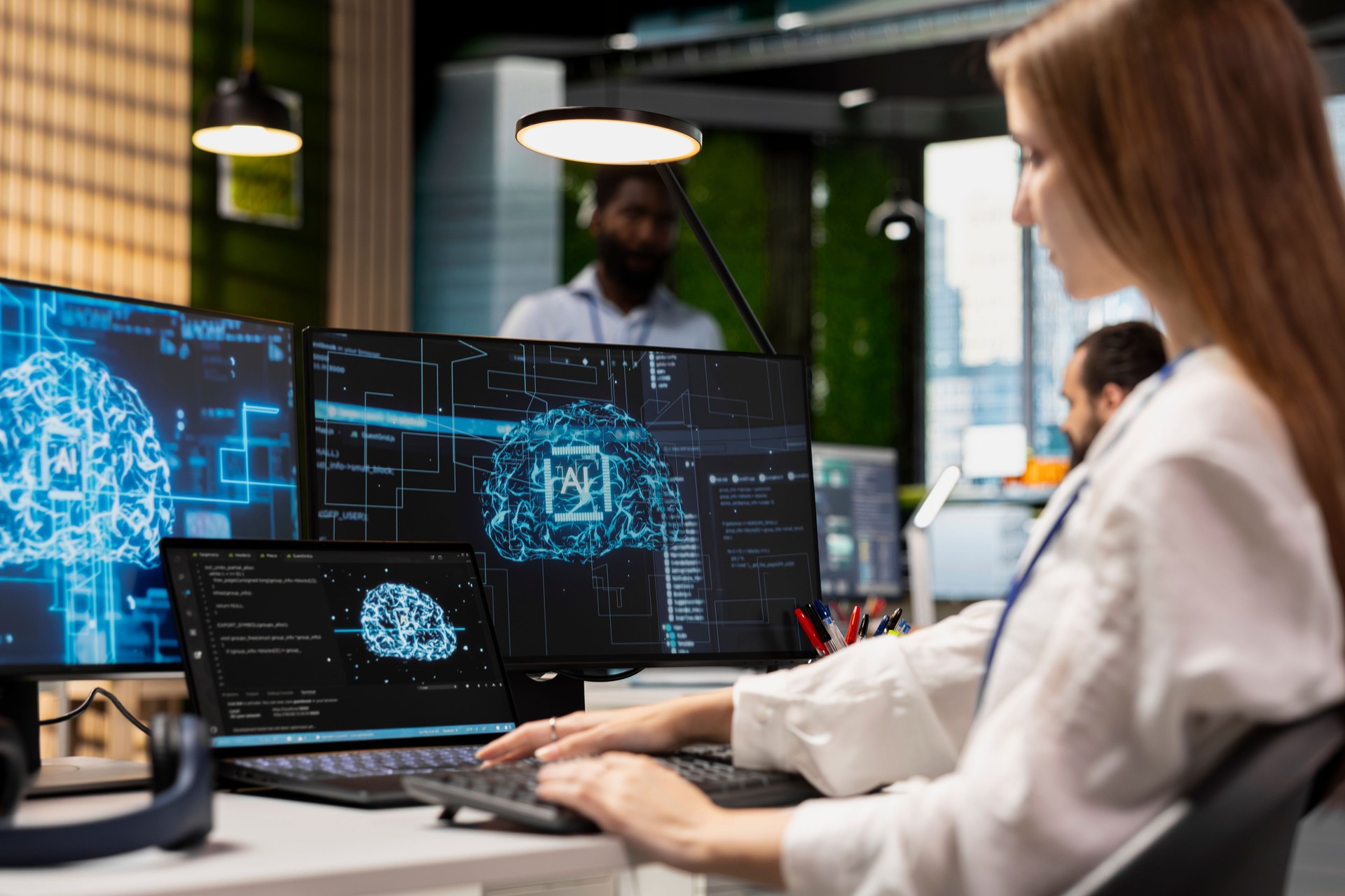 Female engineer developing applications using AI LLM chatbot