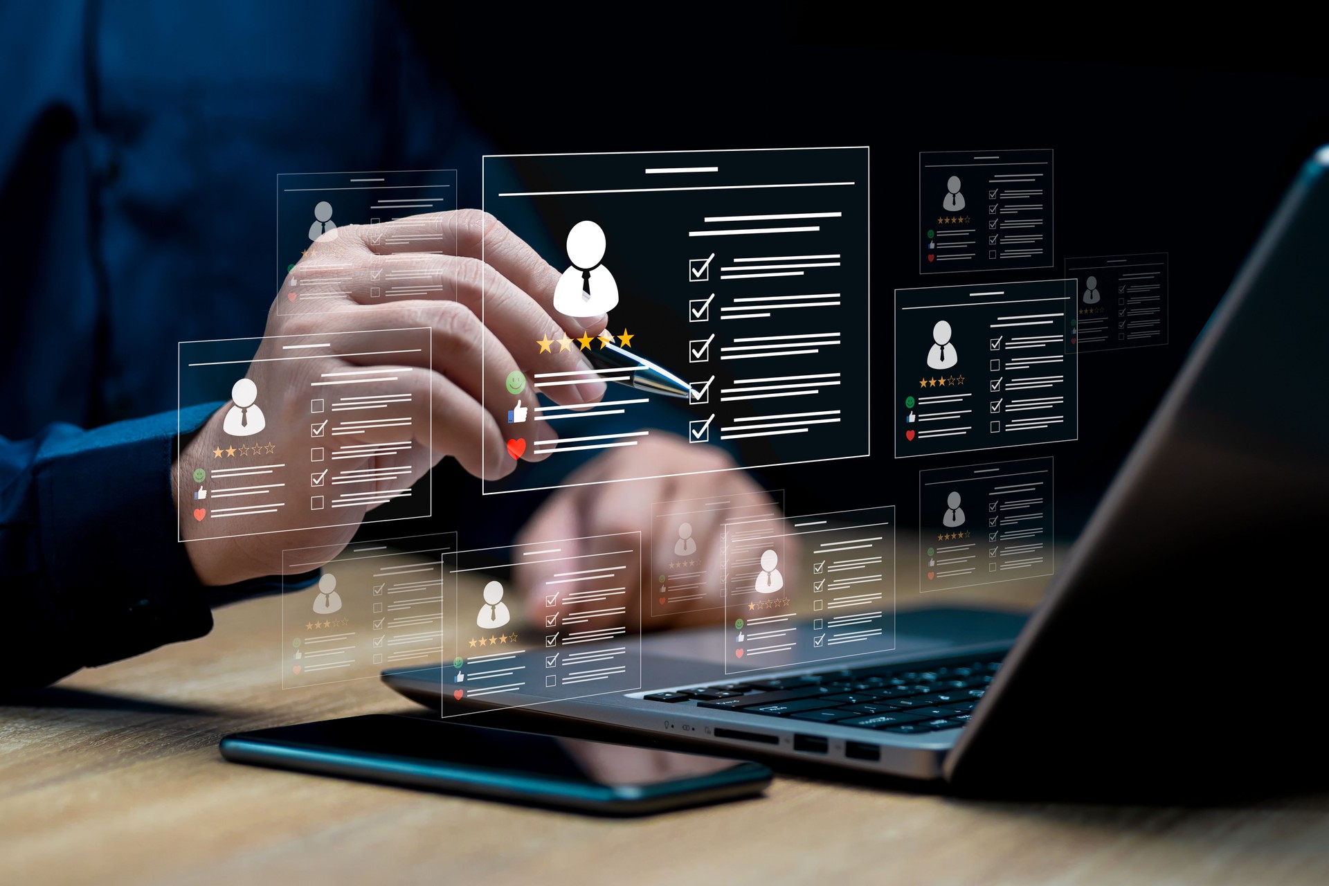 HR management with AI recruiting technology concept: Businessman uses a laptop recruitment process to check the scores and qualifications of applicants through an online system, Best human resource HR management with AI recruiting technology concept: Businessman uses a laptop recruitment process to check the scores and qualifications of applicants through an online system, Best human resource